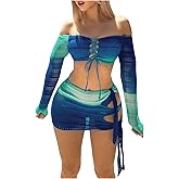 SOLY HUX Women's 3 Piece Bathing Suit Gradient Off Shoulder Long Sleeve Swimsuit Bikini Sets with Beach Skirt