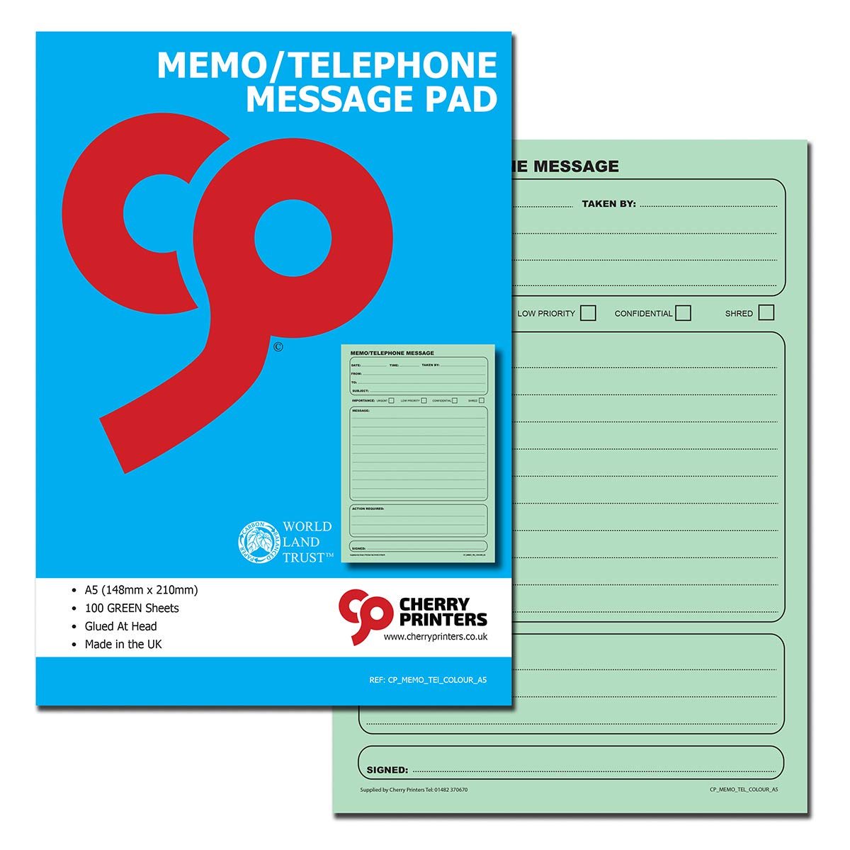 Cherry Memo Book/Telephone Message Pad A5 100 Coloured pages 80gsm (Green)