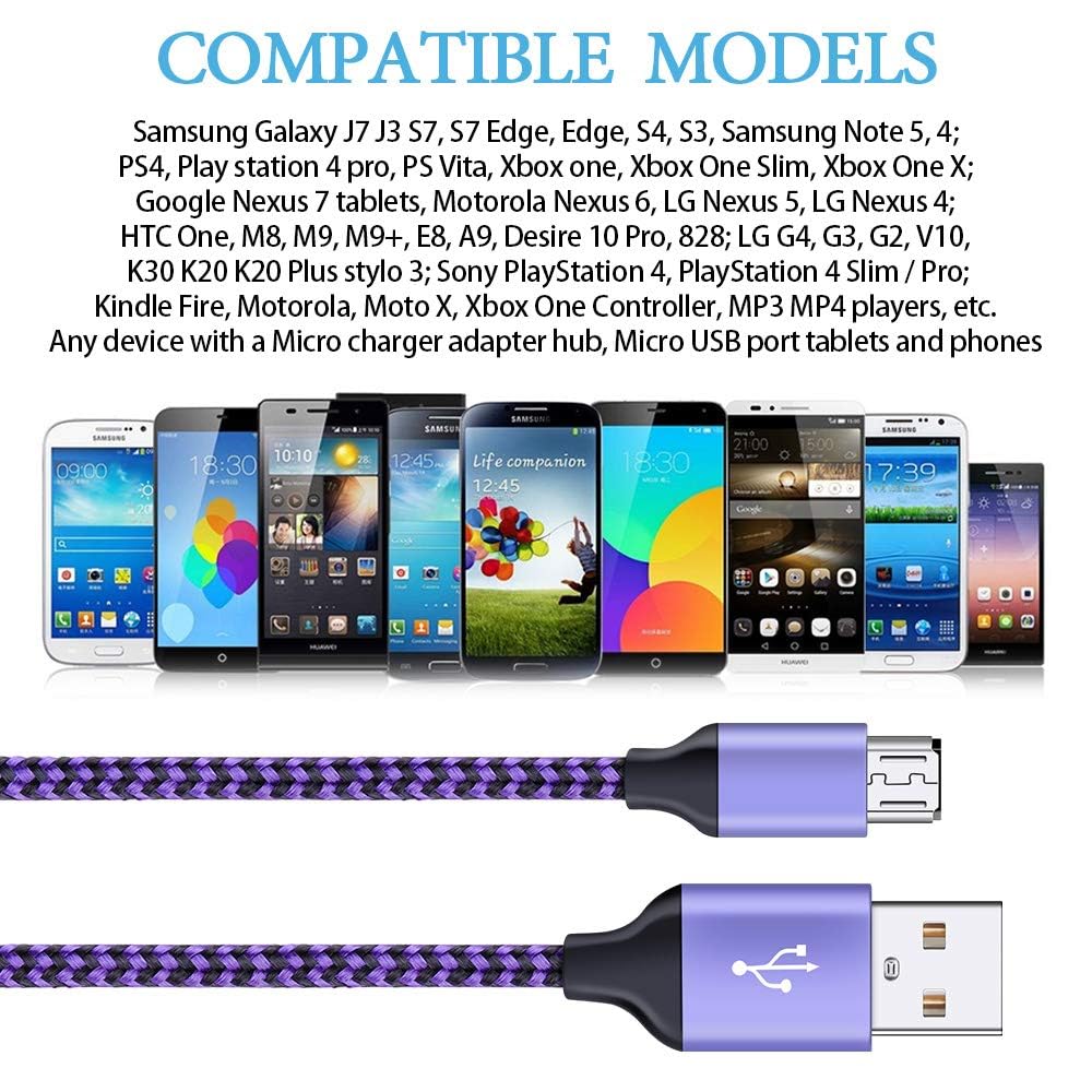 Micro USB Cable, AILKIN 5-Pack 6ft High Speed Nylon Braided Android Charging Cables for Samsung Galaxy J8/J7/S7/S6/Edge/Note 5 4, PS4, Motorola, HTC, LG Android Tablets and More USB to Micro USB Cords