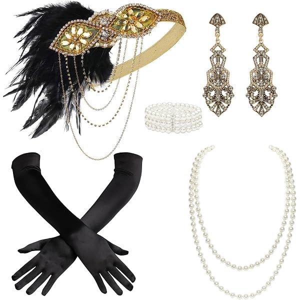 Set De Accesorios Años 20 Para Mujer – Diadema De Plumas, Guantes, Collar, Pendientes Y Tubo