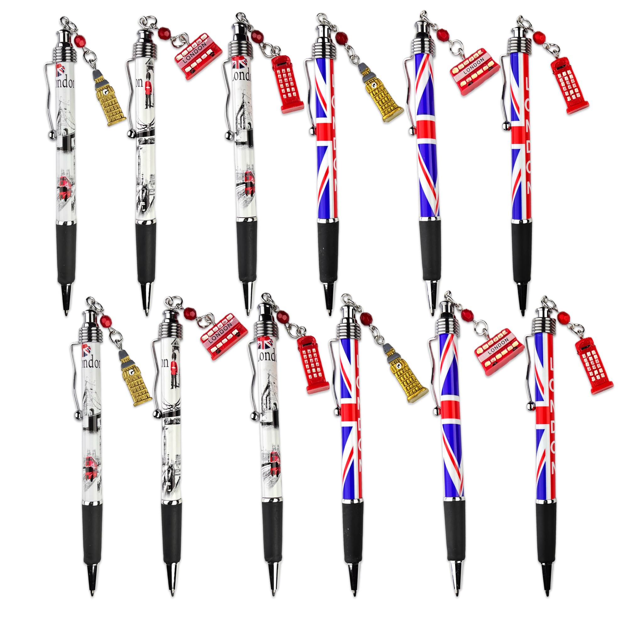 SAJAK 12x London Souvenir Pens with Charms – Big Ben, Red Bus & Telephone Box | UK Collectible Gifts for Teachers, Party Bag Fillers, Office & School Stationery