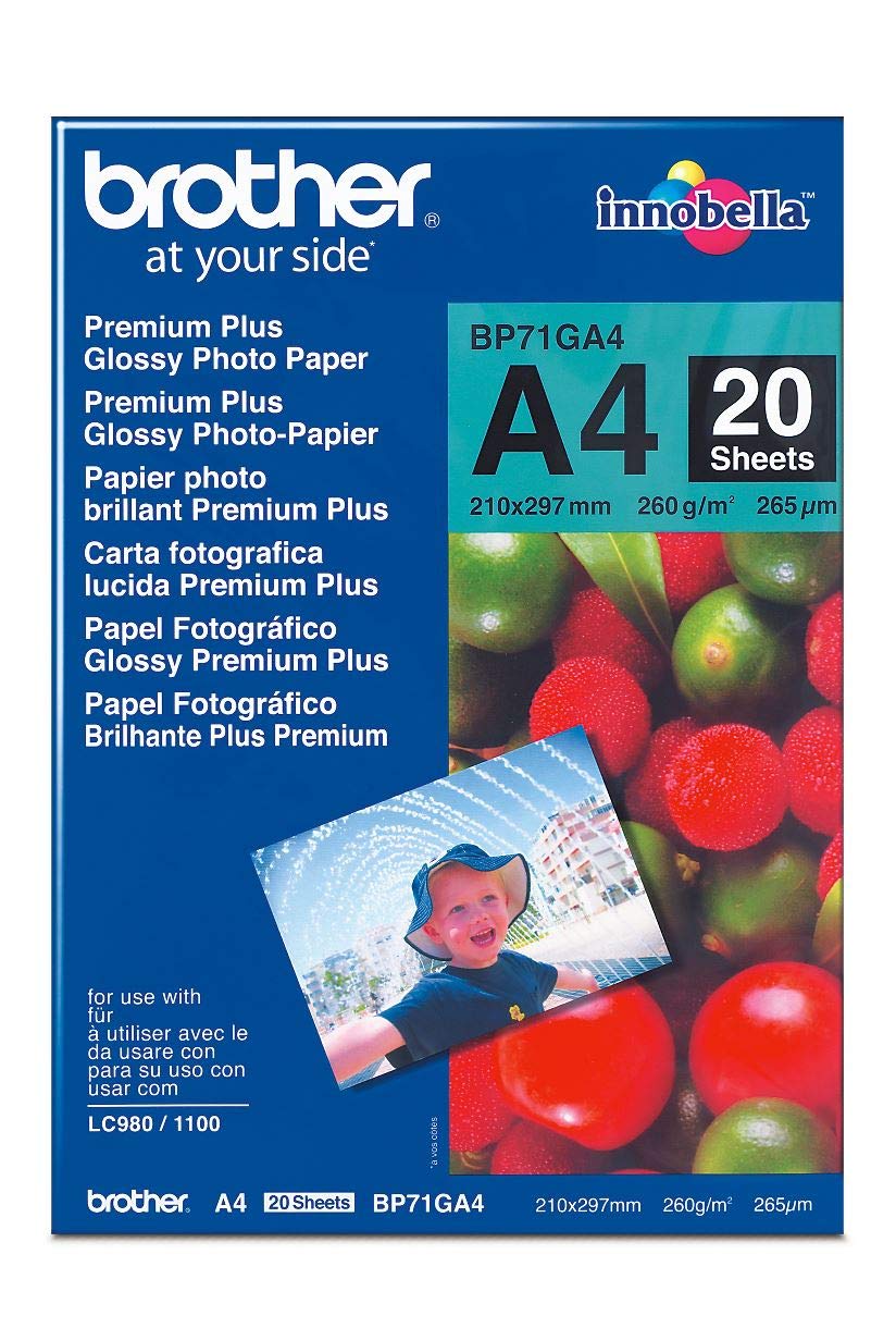 Brother BP71GA4 Photo Paper, A4, Premium Plus Glossy, 297 mm (W) x 210 mm (L), 20 Sheets, Brother Genuine Supplies