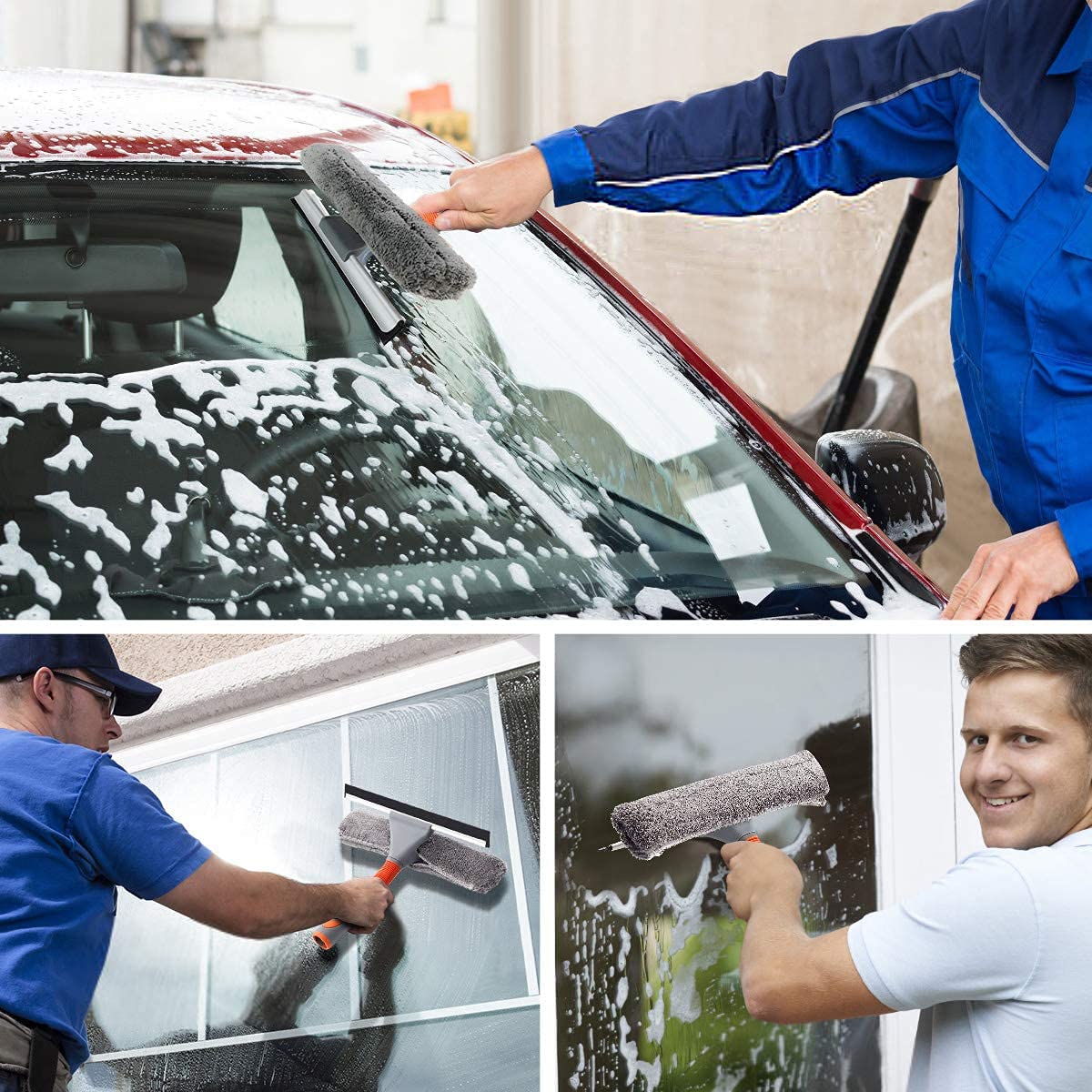 Baban Window Squeegee Cleaner, 2 in 1 Window Cleaning Tool with Elbow and Straight Extension Pole, 61'' Telescopic Window Washing Equipment with Bendable Head for Car Glass Indoor Outdoor High Windows