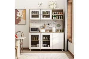 AIEGLE Large Kitchen Hutch Cabinet with Pegboard, 63" Wide Storage Cupboard Pantry with Doors, Drawers, Microwave Shelf, Cup Holder & Power Strip, Kitchen Utility Storage, Wood Color