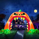 Giant Halloween Inflatables Pumpkin Archway Halloween Decorations Outdoor | 9 FT Tall 8.5 FT Width Halloween Blow Ups Scary Jack-O-Lantern Tear Open Mouth Build-in LED Lights Yard Lawn Party Arch Decor