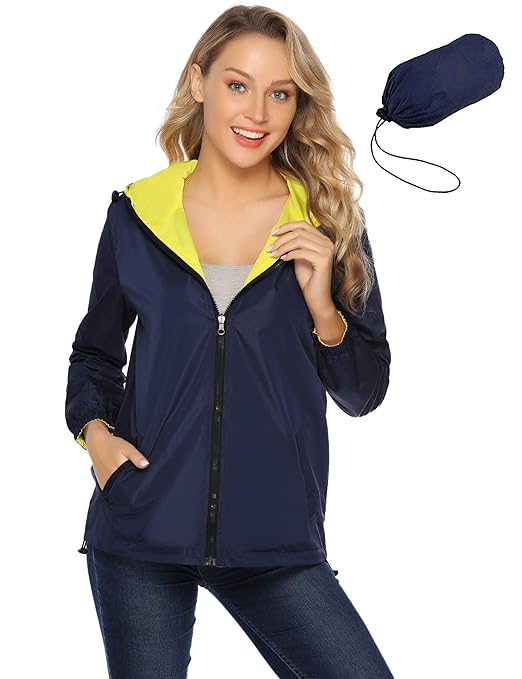 Abollria Damen Regenjacke Zweiseitig Tragbare Kurze Jakce Leichte Wasserdichte Übergangjacke Kontrastfarben
