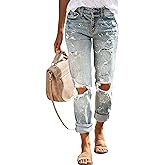 KUNMI Women's Ripped Mid Waisted Boyfriend Jeans Loose Fit Distressed Stretchy Denim Pants