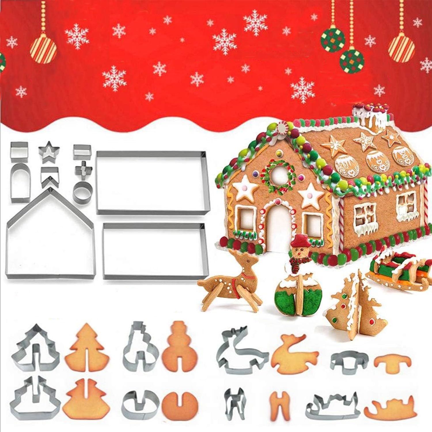 Photo 1 of 18PCS 3D Christmas Gingerbread House Cookie Cutters,Festive Xmas Cookie Cutter Mold Set,Gingerbread House Kit,DIY Baking Pastry Tool Small Biscuit Mold Gift Box