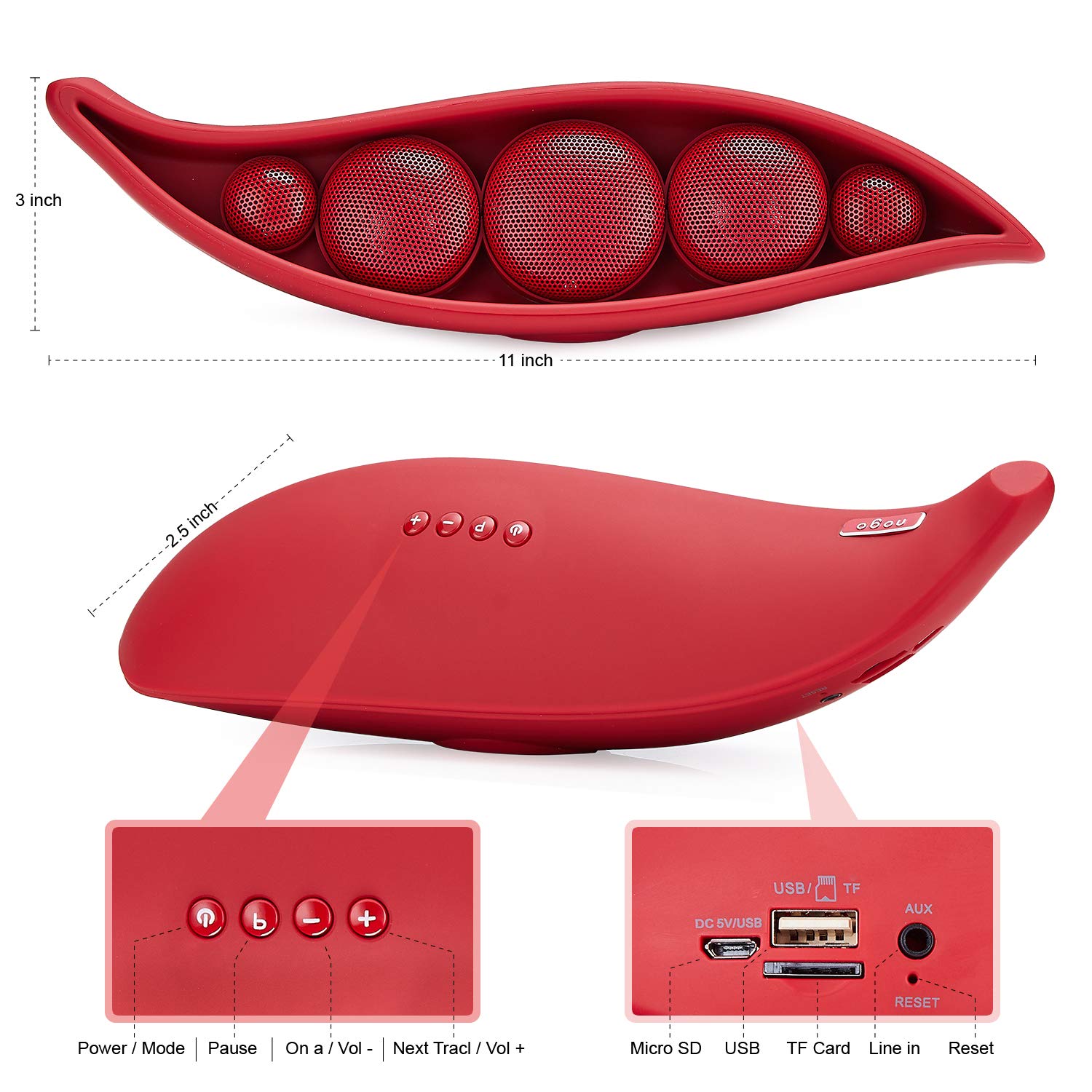 Wireless Bluetooth Speaker with Superior Stereo Sound, Exclusive Pea Appearance, 5-Watts, 24-Hour Playtime, Perfect Wireless Speaker for Home (Red)