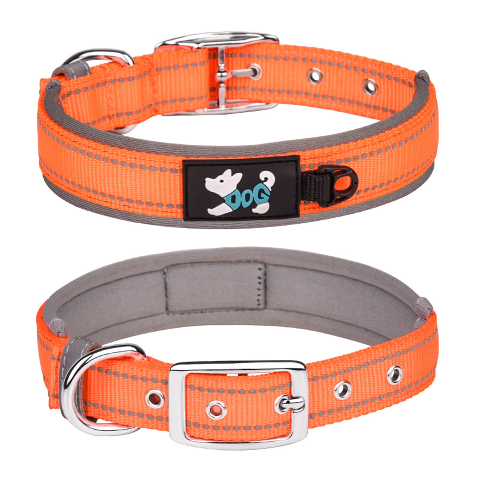 Haoyueer Comfortable Soft Neoprene Padded Dog Collar, Reflective Pet Collar, Adjustable Heavy Duty Nylon Dog Collar for All Breeds Large Dogs (L, Orange-1)