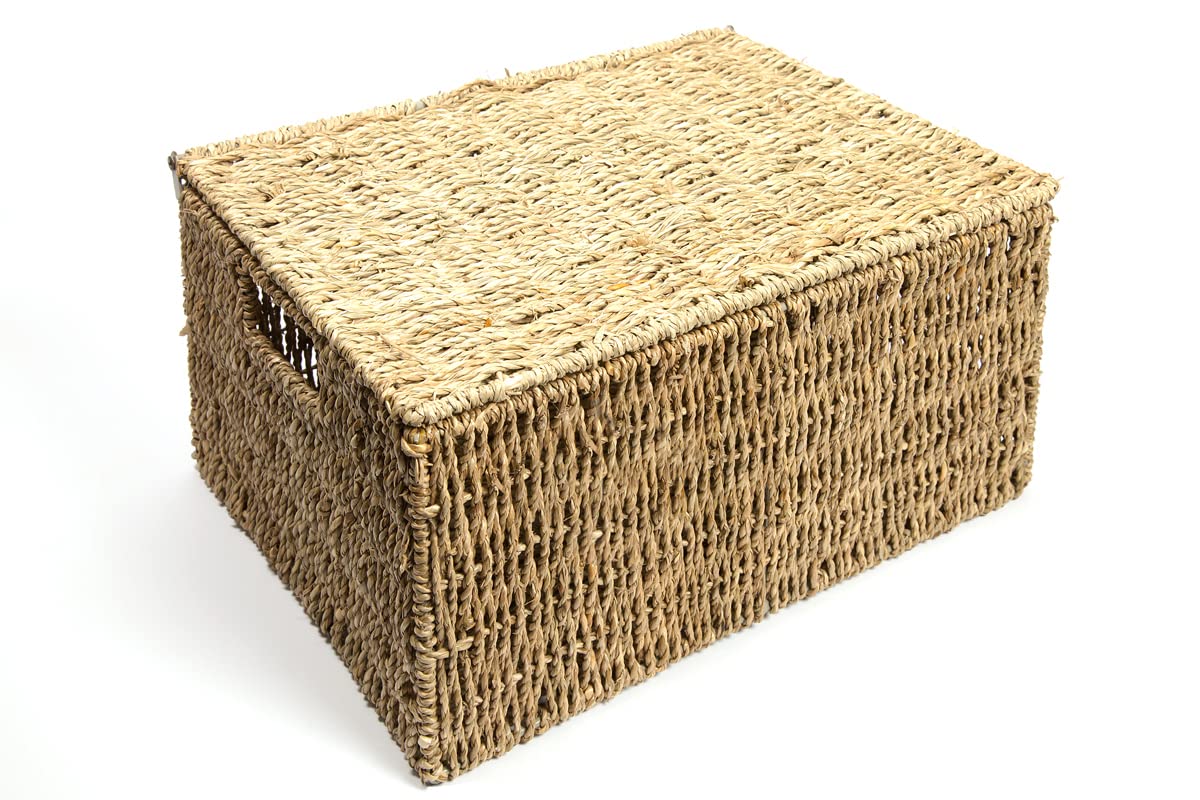 Woodluv Storage Boxes With Lids, Storage Baskets With lids, Woven Natural Seagrass, Storage Baskets for Shelves, Gift Hamper basket, Extra Large