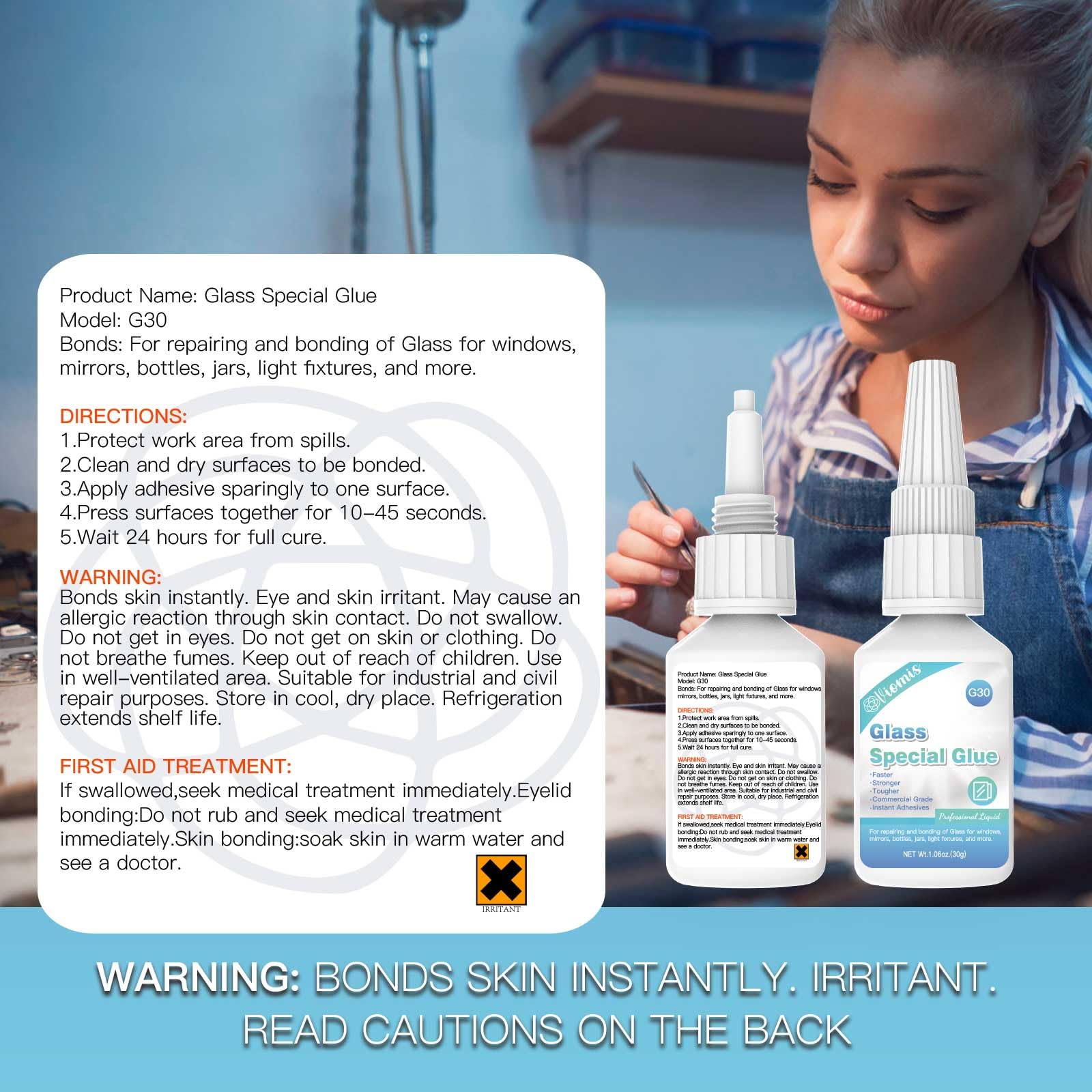 Glass Glue, 30g, Instant Strong Bond for Glass, Acrylic, Waterproof, Dries Clear, Quick Curing, Ideal for Craft, Jewelry, Rhinestone, Crystal, Mirror, Glasses