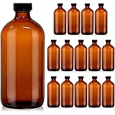 15 Pack 16 oz Amber Glass Boston Round Bottles with Phenolic Polycone Caps – Airtight, Leak-Proof Brown Bottles for Kombucha Brewing, Storing Condiments, Essential Oils, and Homemade Solutions