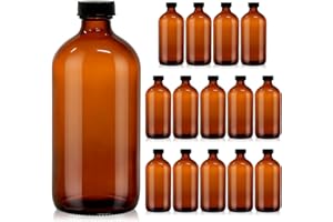 Turvono 15 Pack 16 oz Amber Glass Boston Round Bottles with Phenolic Polycone Caps – Airtight, Leak-Proof Brown Bottles for K