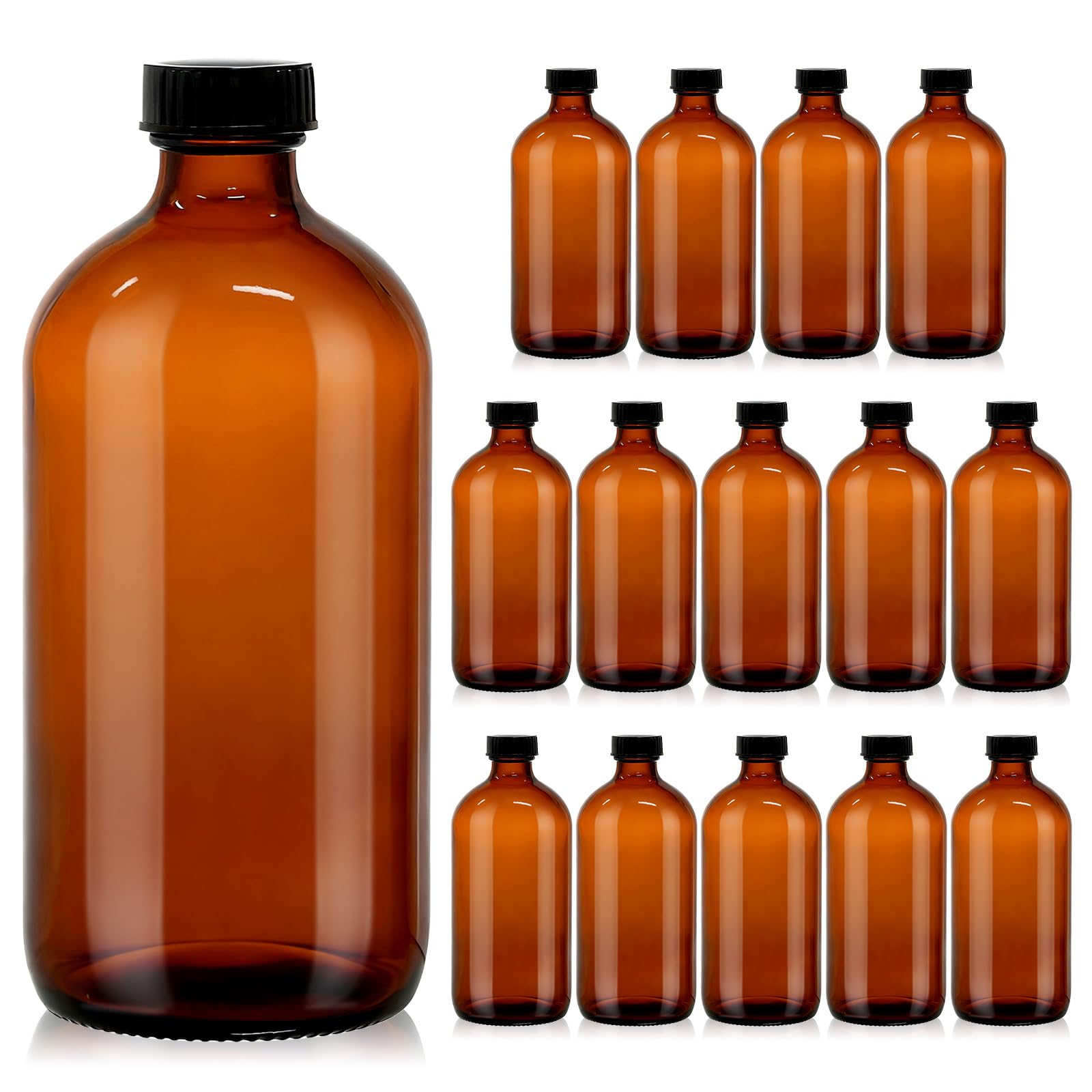 Photo 1 of 15 Pack 16 oz Amber Glass Boston Round Bottles with Phenolic Polycone Caps – Airtight, Leak-Proof Brown Bottles for Kombucha Brewing, Storing Condiments, Essential Oils, and Homemade Solutions