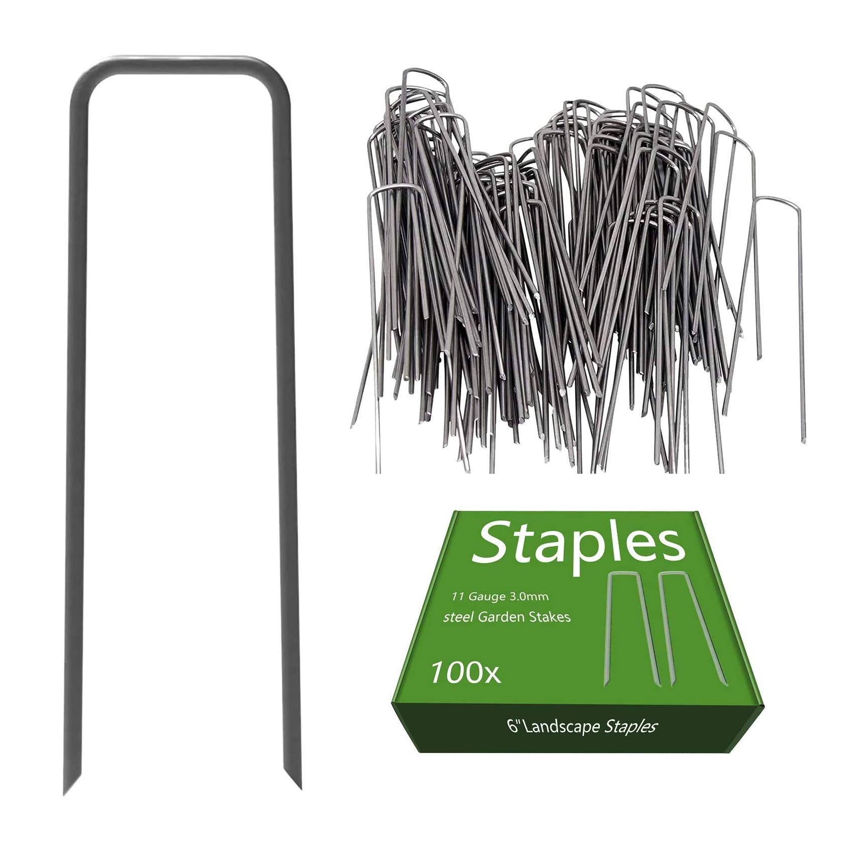 AAGUT OuYi Garden Pegs Ground Pegs Staples Landscape Sod Stakes, 100 Pack 6 Inch 11 Gauge Steel Lawn U Pins - Securing Ground Cover