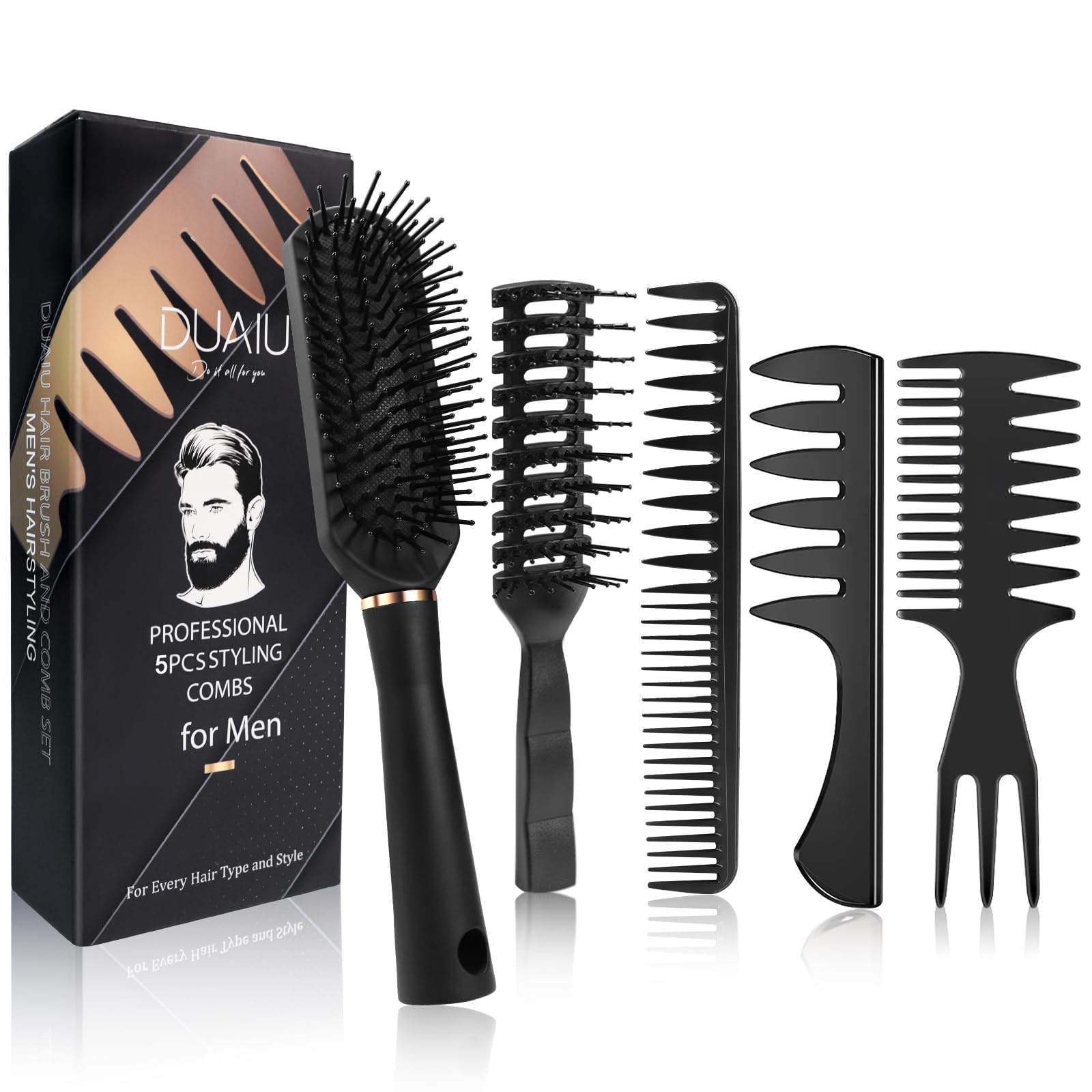 DUAIU Hair Brush Men 5Pcs Mens Hair Comb Mens Comb Set Styling Brush Paddle Brush Heat Resistant Vent Wide Tooth Comb Texture for Blow Drying Cutting Slick Back Detangling Hairdressing
