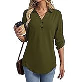 TICTICMISS Women's 3/4 Length Rolled Sleeve Tunic Tops Collared V Neck T Shirts Both Side Buttons Blouses
