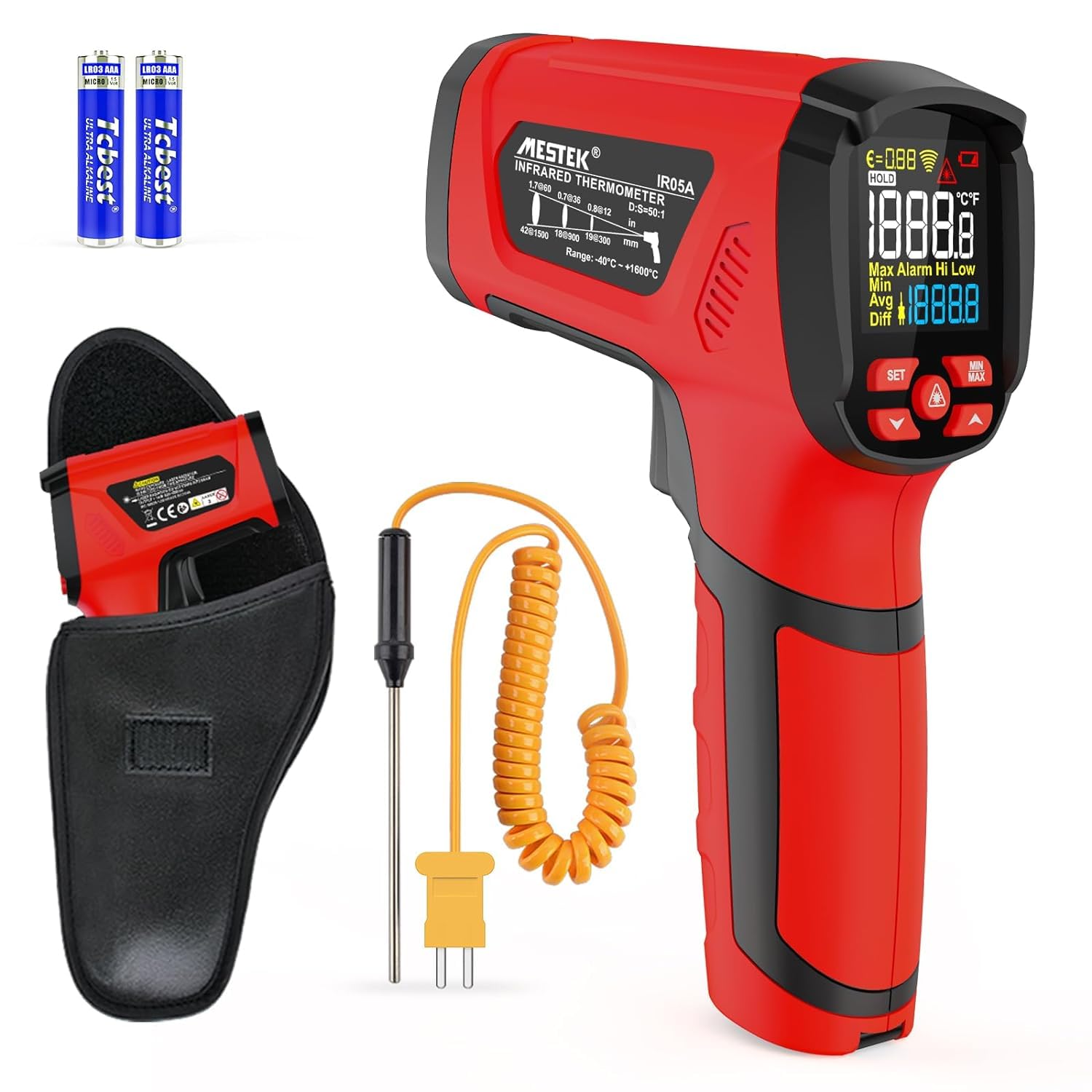 Infrarot Thermometer MESTEK Hochtemperatur Digital Laser Temperaturmessgerät -40°C bis 1600℃ mit K-Sonde IR Pyrometer Berührungslos LCD Alarm Einstellbarer Emissionsgrad für Kochen Industrial HVAC