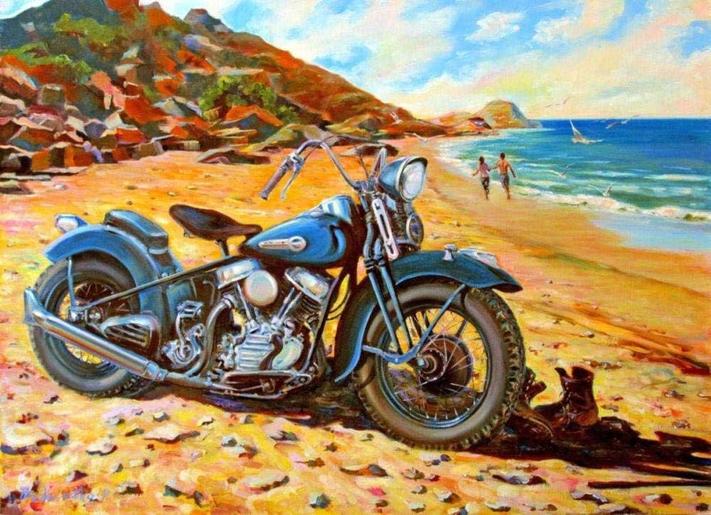 FENGPT Adult Puzzle 1000 Piece Classic Jigsaw Puzzle Children Puzzle Wooden Puzzle DIY Motorcycle Parked on The Beach Modern Festival Gift Home Decor Unique Gift Intellectual Game Wall Art