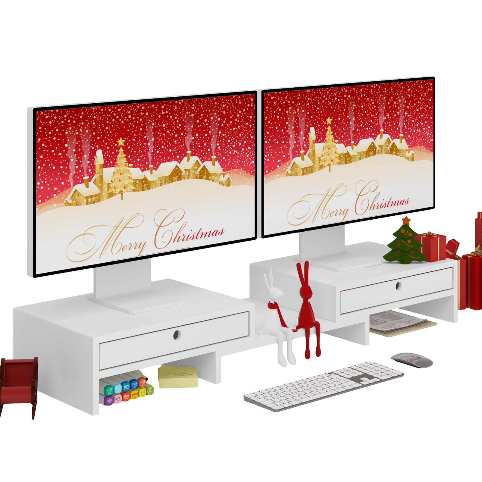 Photo 1 of LAPTAIN Wooden Dual Monitor Stand with 2 Drawers, Monitor Stand Riser with Adjustable Length and Angle, Solid Wood Desktop Organizer Stand for Laptop/PC/Computer, No Assembly Required