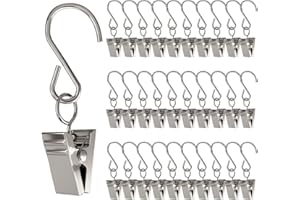 LANSIAN 60PCS Curtain Clips with S Hooks for Hanging Party String Lights Outdoor Wire Holders Clamp Hangers Gutter Hooks, Stainless Steel Silver