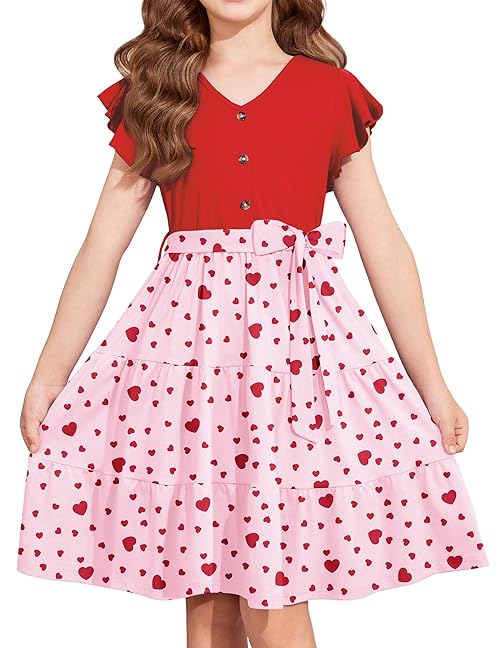 Arshiner Girls Dress Short Sleeve Summer V Neck Button Removable Belt Dresses with Pockets 9-10 Years Red Hearts