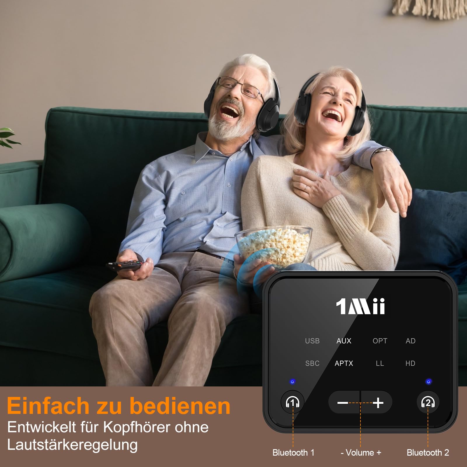 1Mii B06T6 Bluetooth 5.3 Transmitter für TV, aptX Low Latency/HD/Adaptive Audio Sender mit Dual Link für 2 Kopfhörer, Optisch/AUX/RCA/USB Audio Adapter, bis zu 30 m Reichweite 6