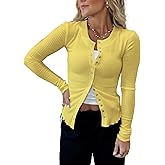 HERILIOS Women's Long Sleeves Snap Button Down Blouses Stretchy Waffle Knit Basic Crew Neck Shirts