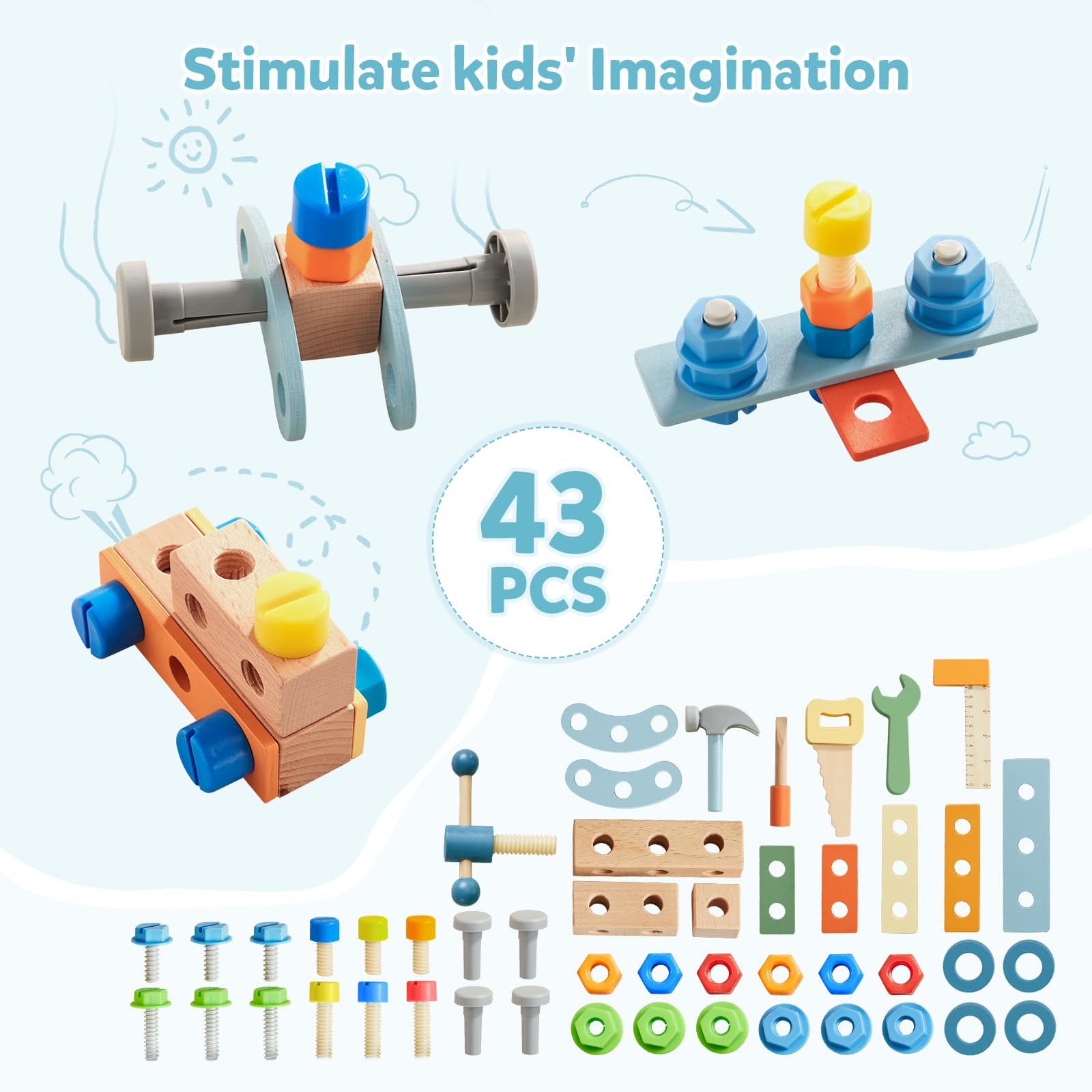 Beright Wooden Baby Push Walker, Wooden Baby Walker and Tool Toy for Toddlers, Kids Tool Bench, Baby Activity Center, Toddler Montessori Educational Toys, Blue