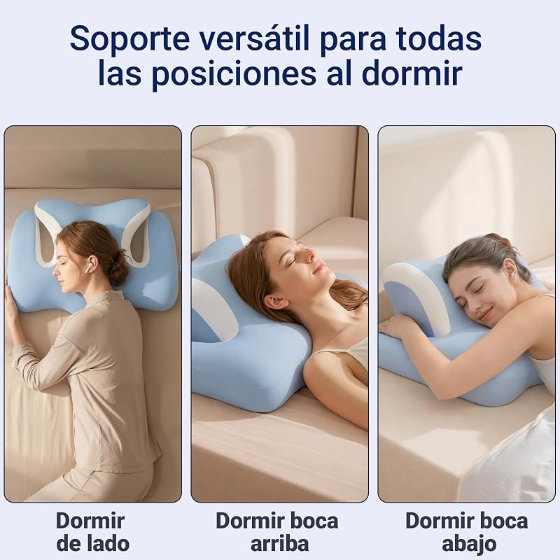 Almohada Cervicales y Cuello - Ergonómica para Dormir de Lado, Boca Arriba o Abajo, Espuma Viscoelástica, Diseño con Espacio para Orejas y Brazos, Funda Transpirable, 64×48×24 cm, Azul Cielo