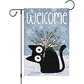 Wodison Winter Welcome Garden Flag 12 x 18 Inch Double Sided for Outside, Black Cat Pine Tree Branches Snowflake Christmas Winter Home Yard Outdoor Decorative Flag