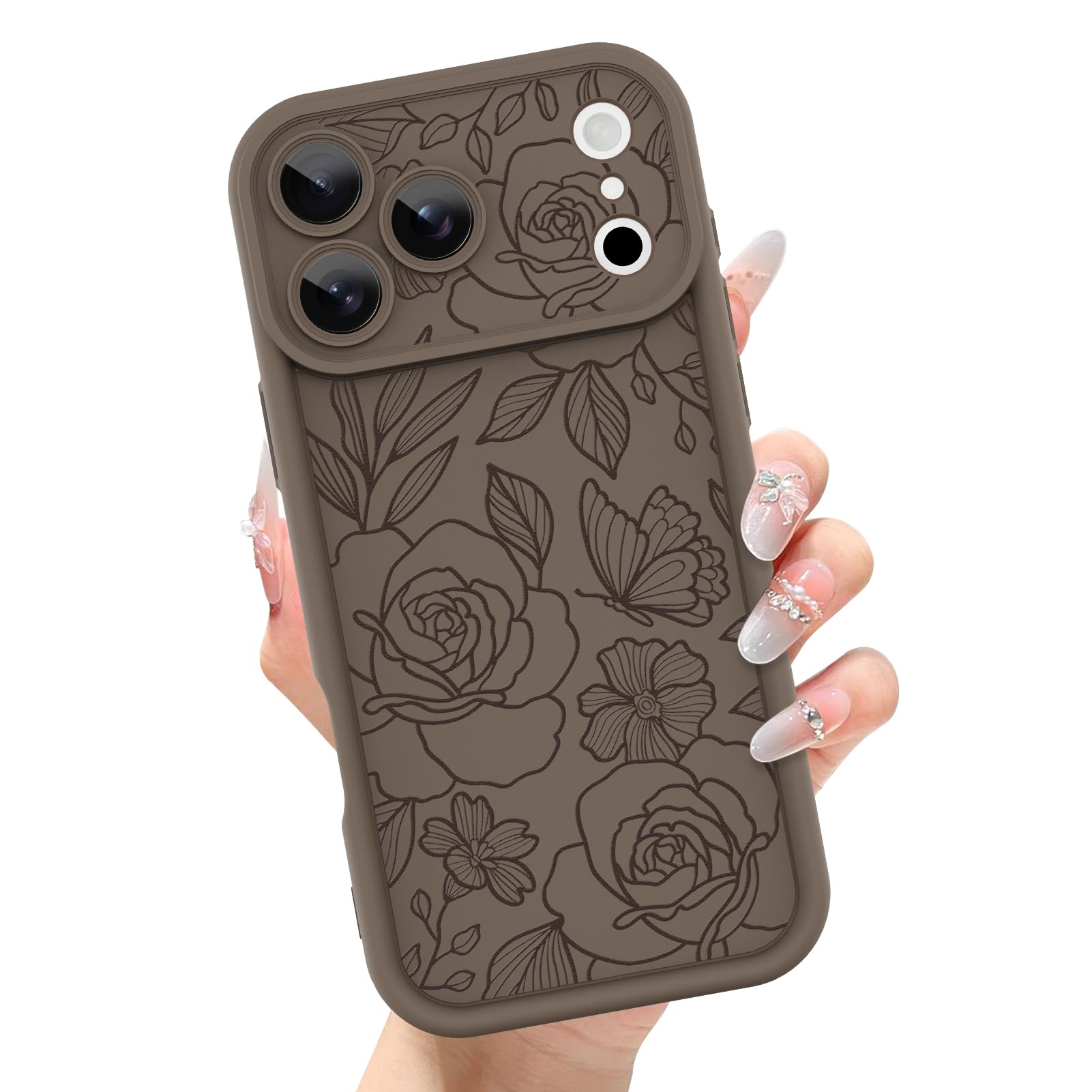 Ovcuqul Compatible with iPhone 17 Pro Case, Cute Floral Design for Women Girls, Soft TPU Silicone Shockproof Protective Case, Aesthetic Flower Pattern Raised Camera Protection Cover, Brown Rose