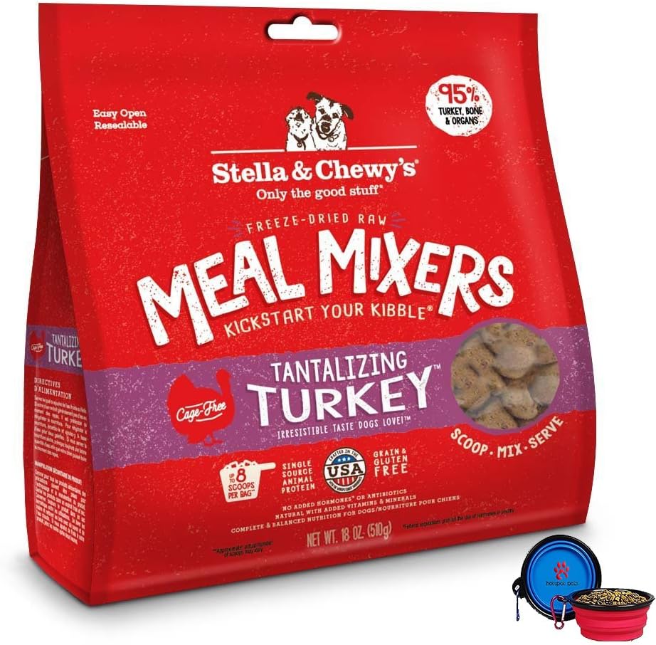 Stella & Chewy's Freeze Dried Dog Food,Snacks Super Meal Mixers 18-ounce Bag With Hot Spot Pets Food Bowl - Made in USA (Turkey)