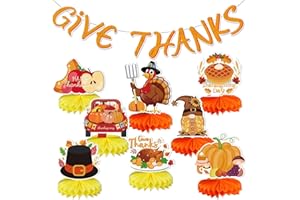MorTime 9 Pcs Thanksgiving Honeycomb Centerpiece, 8 Fall 3D Honeycomb Paper Table Decorations and 1 Give Thanks Banner, Turkey Pumpkin Autumn Festival Party Supplies