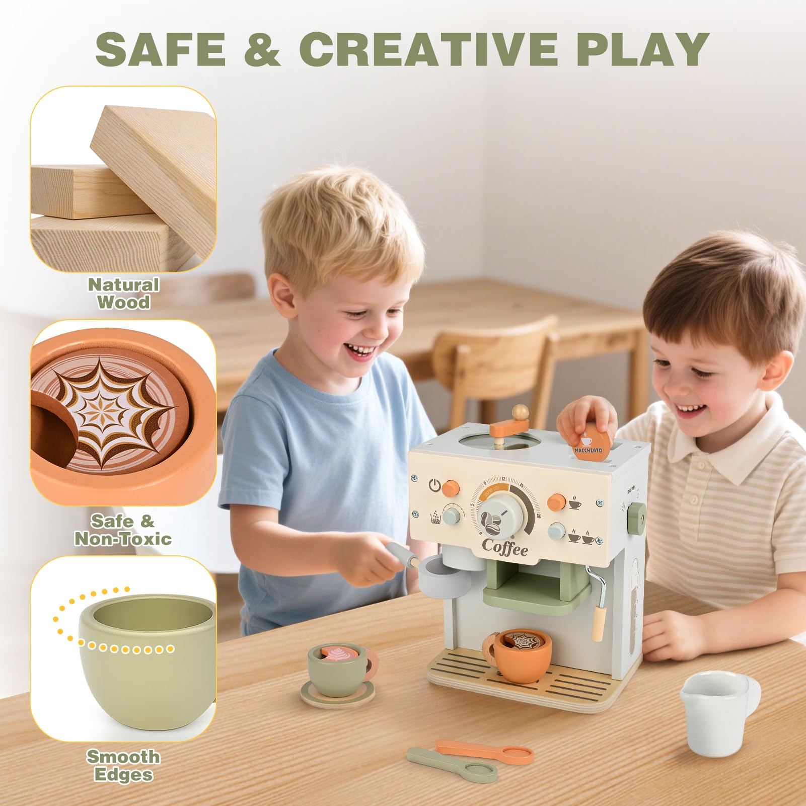Dreamon Kaffeemaschine Kinder Holz, Kinderküche Zubehör 15 Teile, Montessori Spielzeug, Küchengeräte Kaffeeset Kinder Spielzeug, Küchen Spielzeug Geschenke Jungen und Mädchen ab 3 4 5 Jahre 4