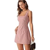 RIHOAS Women's Red Plaid Gingham Mini Dress, Square Neck Spaghetti Strap A-Line Retro Dress for Fall Summer Wedding Guest Tea Party