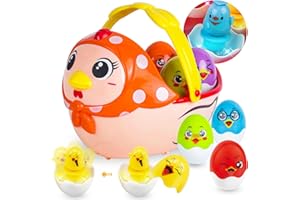 NEUBSAW Easter Basket Stuffers for Toddlers Baby, Musical Easter Toys Gifts w/Colorful Changing Lights & 6Pcs Matching Eggs for Boys Girls, Plastic Easter Eggs for Easter Egg Hunt