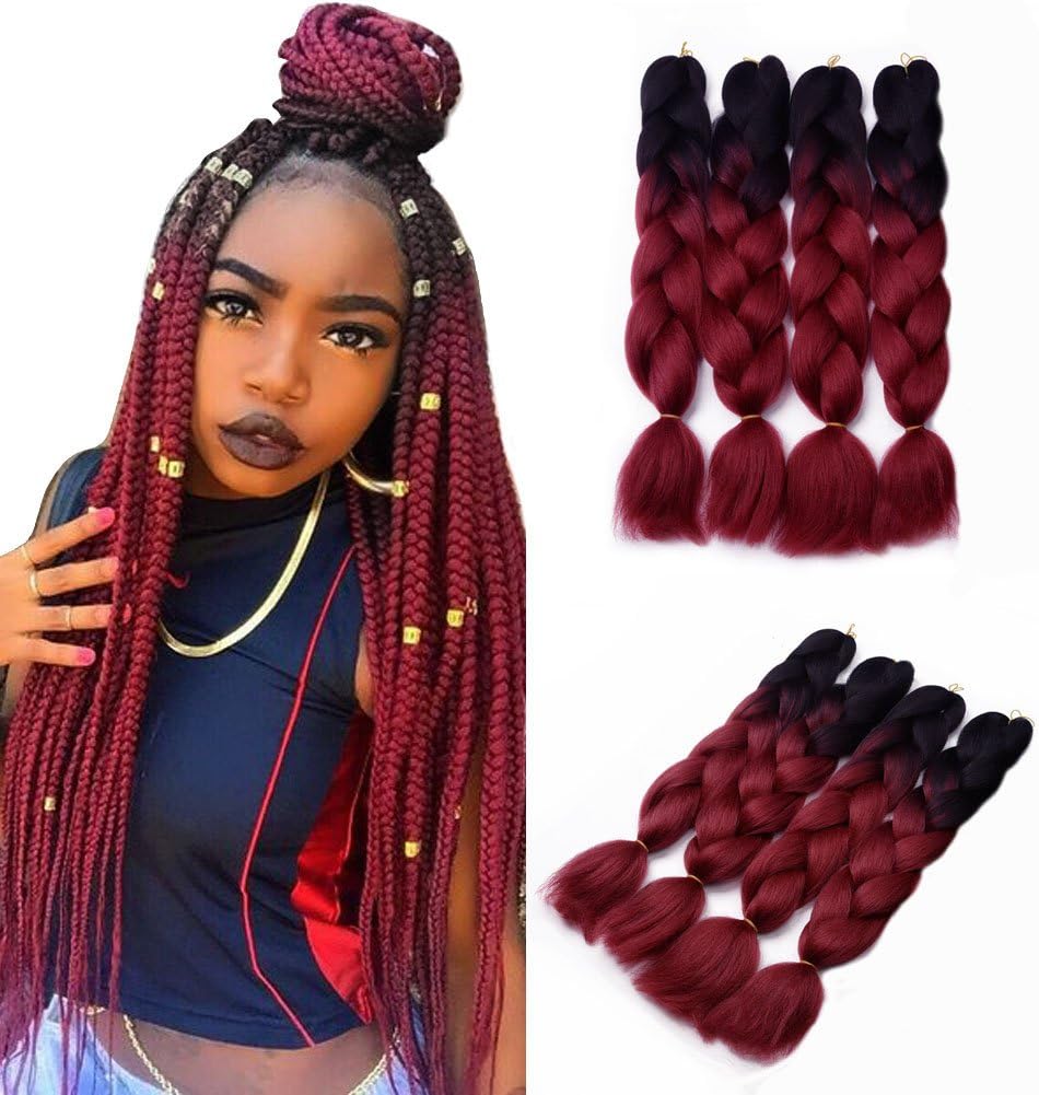 Meidada Synthetic Braiding Hair Extensions Kanekalon Hair Two Tone Ombre Jumbo Braid Hair Extension 4Pcs/Lot for Twist Braiding Hair (Black-Burgundy)