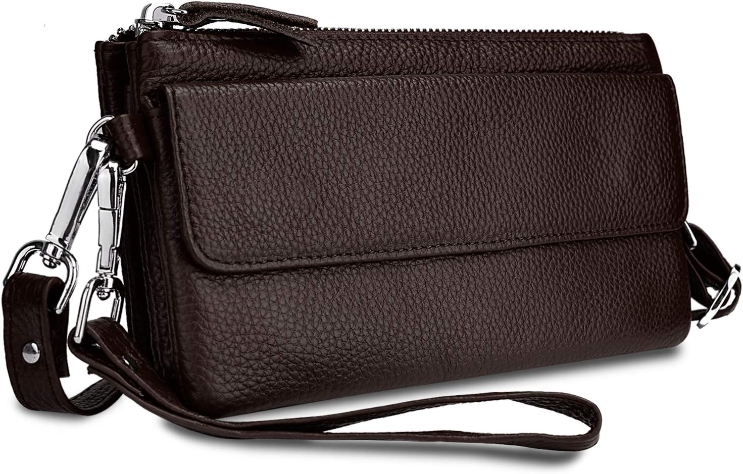 Women's Leather Wristlet Phone Purse Crossbody Clutch Wallet 8 Card Slots RFID Blocking Zipper Coin Pocket Removable Shoulder Strap Coffee
