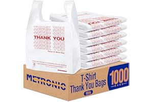 METRONIC 1000 Count White Thank You Bags with Handles, 11.5" x 6.5" x 21" Plastic Carry Bags for Retail, Supermarket, Grocery Shopping Bag for T-shirt Packaging, Takeout, Convenience Stores, in Bulk