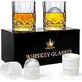 Whiskey Glasses Set of 2 with Ice Ball Molds, 10 oz Crystal Old Fashioned Rocks Glasses, Bourbon Glass in Gift Box, Premium Barware for Whiskey, Scotch, Bourbon, Cognac, Cocktails, Gift for Men
