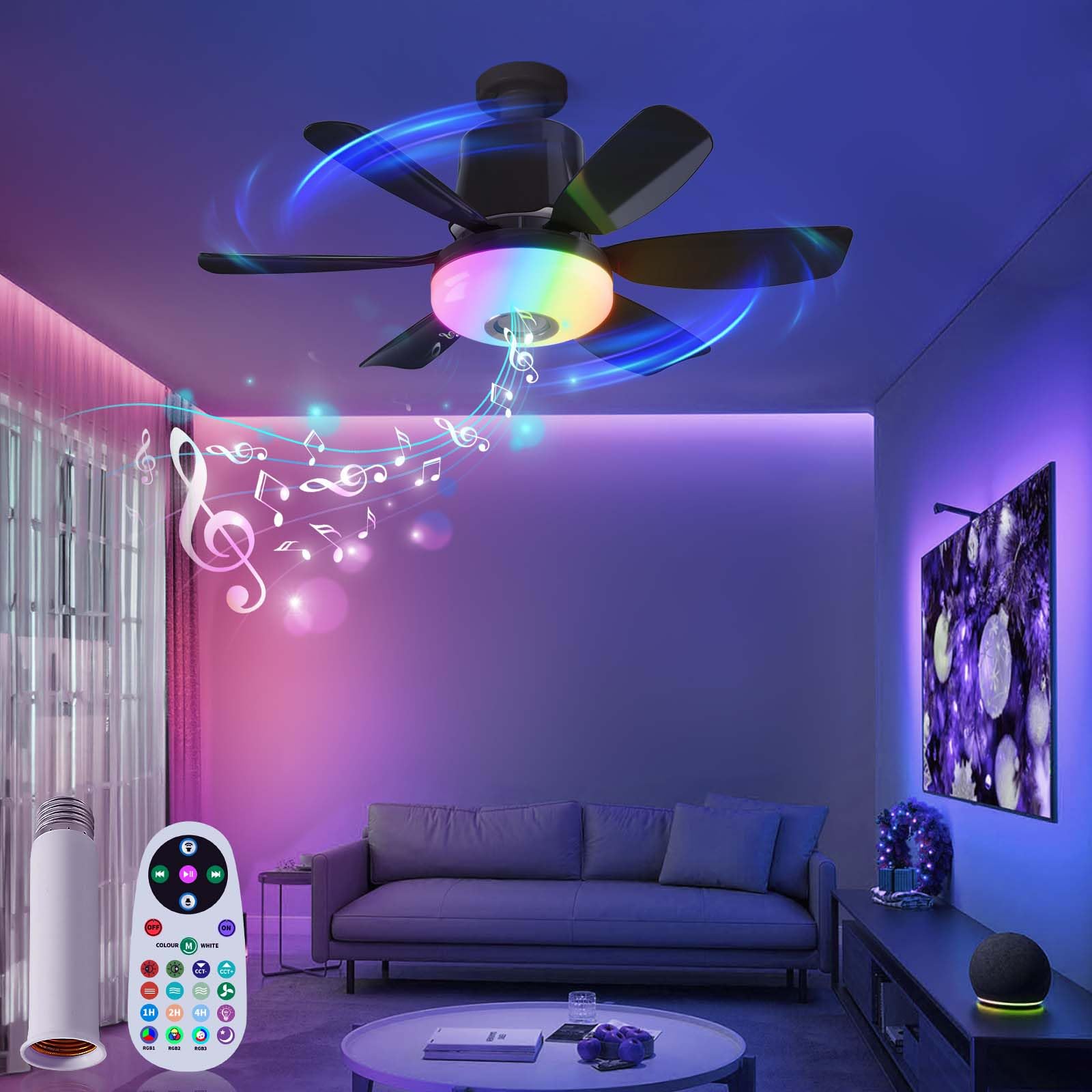 Photo 1 of *UNTESTED*
GDLUOAO Socket Fan Light with Remote, Socket Breeze Ceiling Fan with Bluetooth Speaker, RGB, 3 Colors, 3 Fan Speed, 18.5" Small Ceiling Fans with Lights Screw in Ceiling Fan for Bedroom Garage, Black