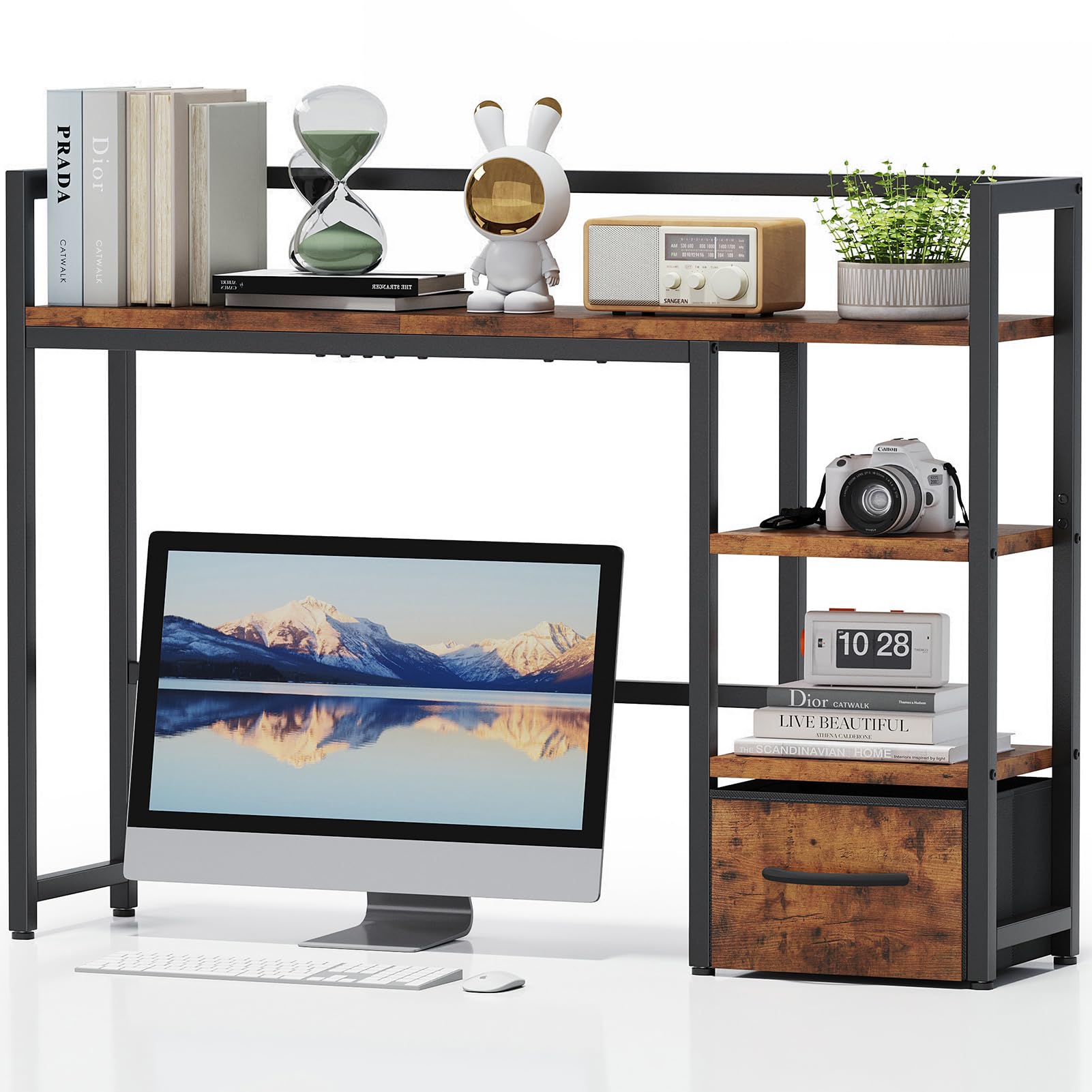 Photo 1 of Marbrasse Desk Shelf with Drawer, 40" Desk Hutch for Computer Monitor, Wooden Desktop Bookshelf Storage Rack for Home Office Dorm - Dark Brown