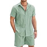 COOFANDY Men Linen Sets Outfits 2 Piece Short Sleeve Cuban Shirts Guayabera Linen Suit