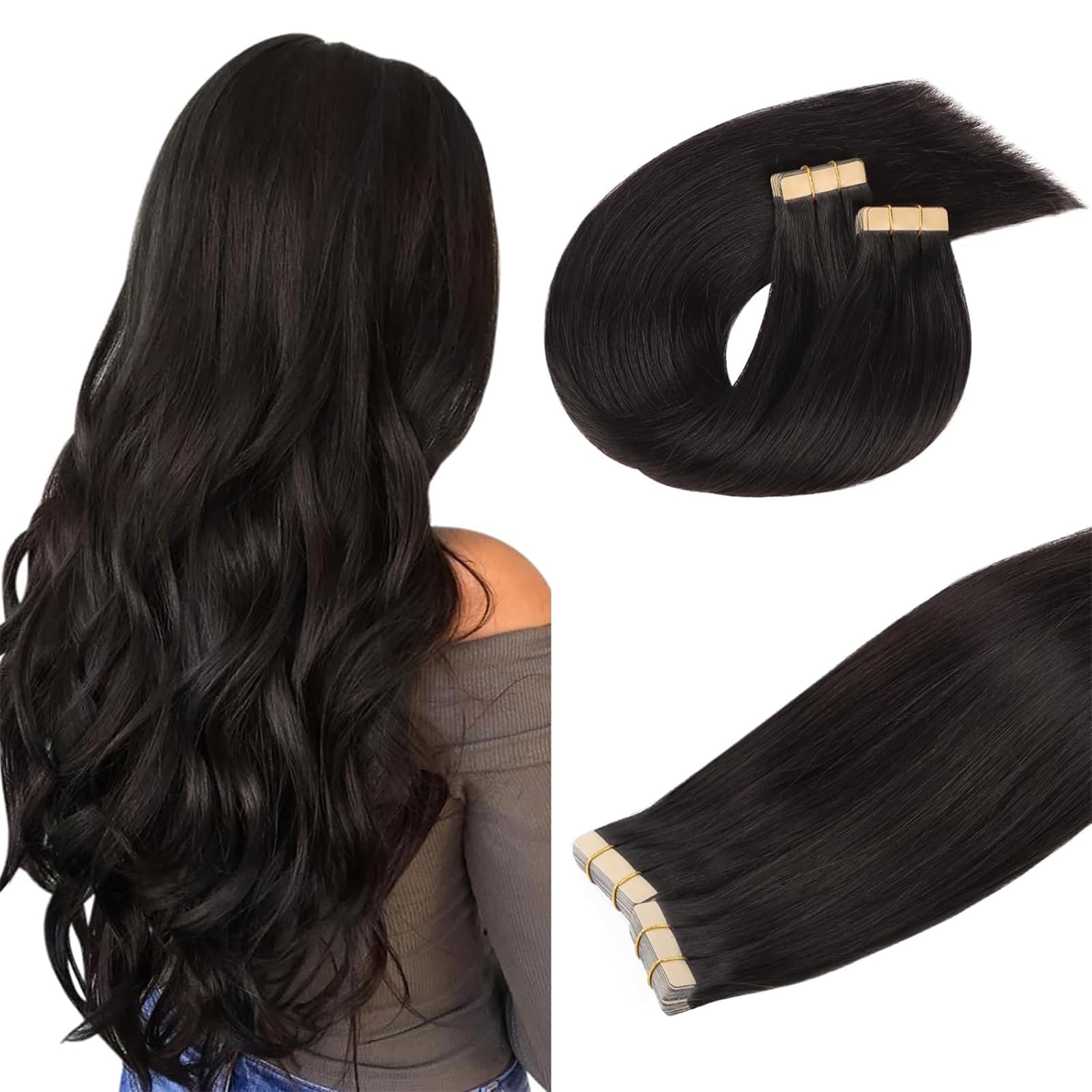 DOORES Hair Extensions Tape in, 16 Inch 100g 40pcs Dark Brown, Tape in Human Hair Extensions Straight Double Side Skin Weft — image 1