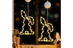 DTNESS Easter Window Lights Decorations, 2 Pack Warm White Iron Egg Bunny Battery Powered LED Sign with Timer and Suction Cup