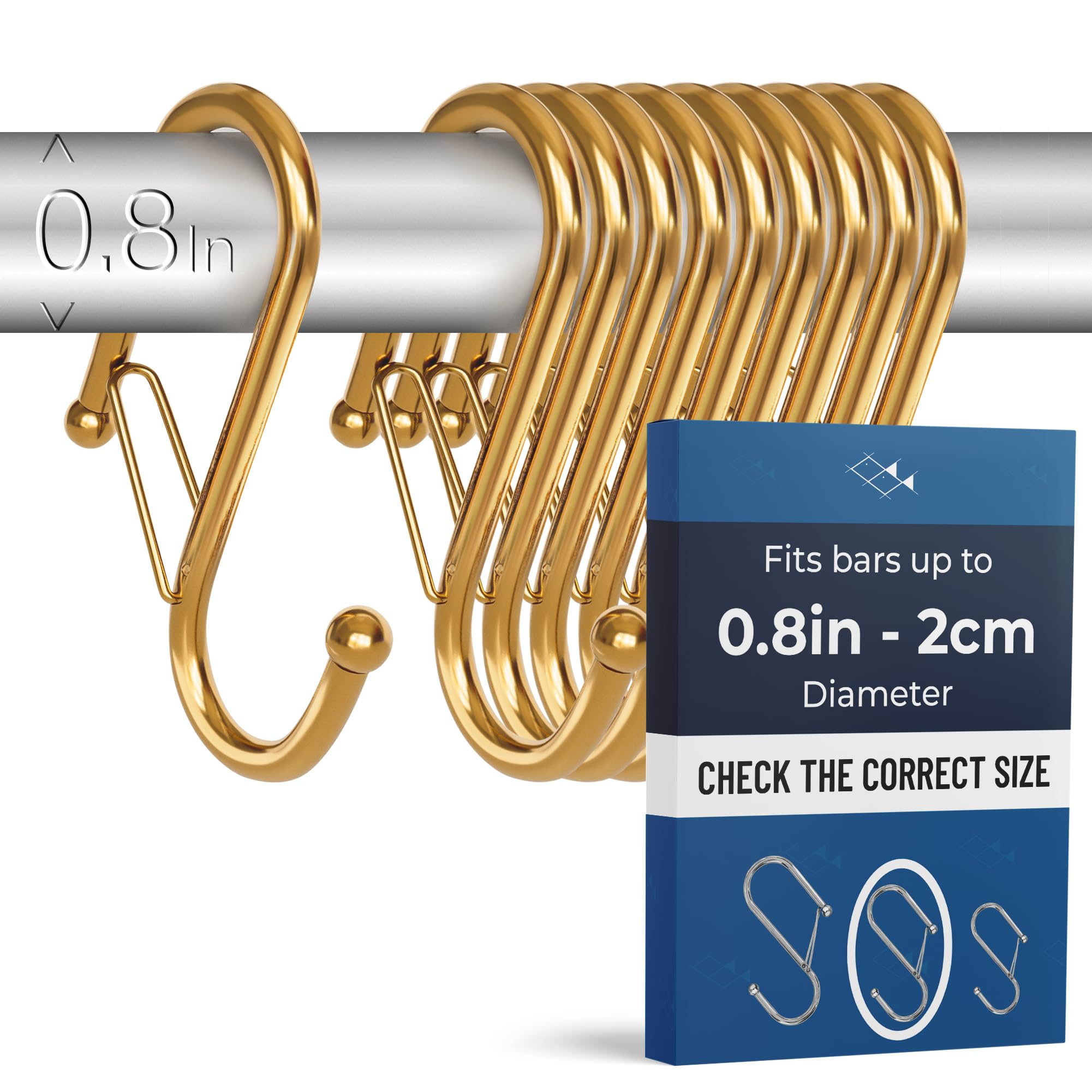 Blau Marité 10 Pack S Hooks for Hanging for Bars up to 0.8 Inch (2 cm) Diameter - Anti-Drop Hooks with Safety Lock – Heavy-Duty for Kitchen, Bathroom & Closet – Golden (Medium)