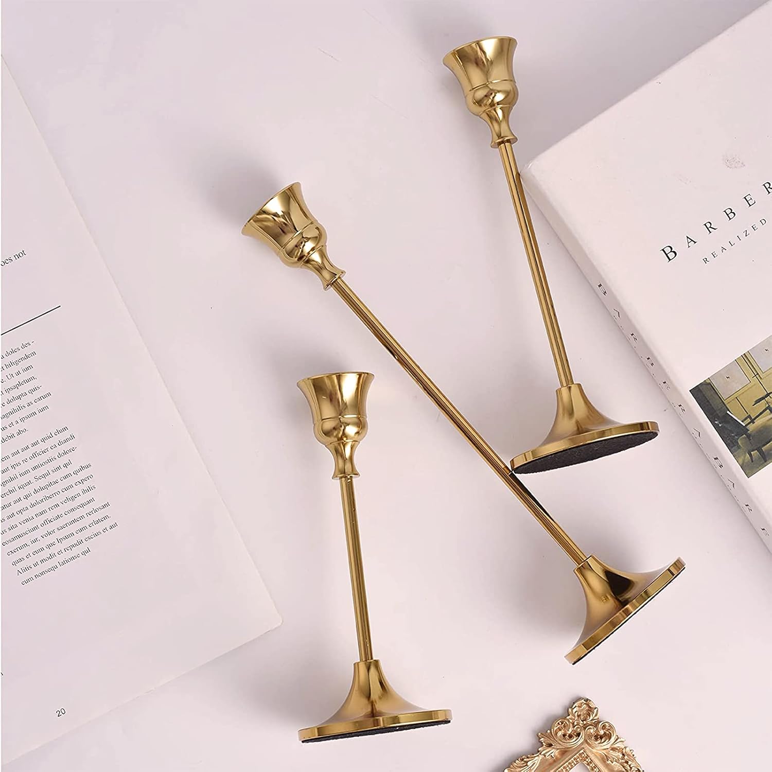 Candlestick Holders Taper Candle Holders, Brass Gold Candlestick Holder Set 3 Pcs Candle Stick Holders kit Decorative Candlestick Stand for Wedding Party Dinning (Brass Gold): Kitchen & Dining
