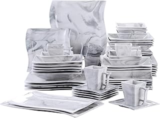 MALACASA, Serie Flora, 56 TLG. Marmor Porzellan Geschirrset Kombiservice Tafelservice mit je 6 Schälen, 6 Tassen, 6 Untertassen, 12 Dessertteller, 12 Suppenteller, 12 Speiseteller und 2 Platte